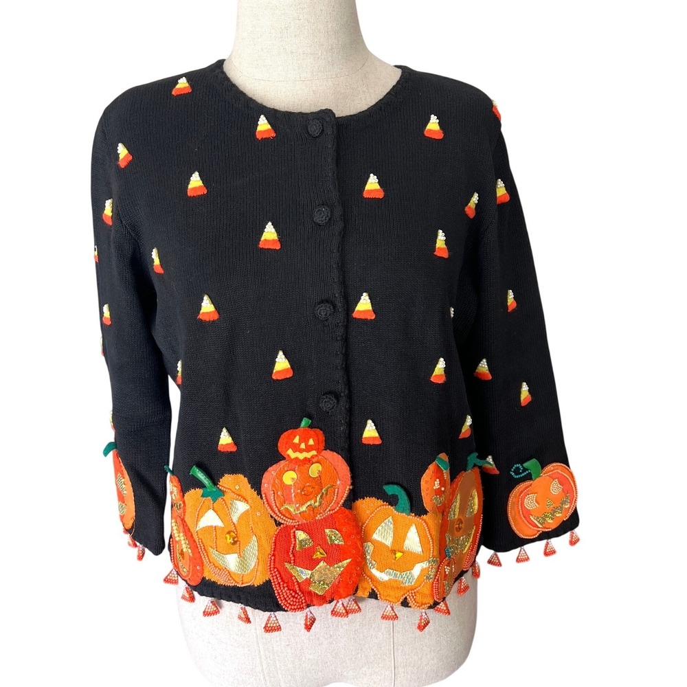 Michael Simon Halloween Cardigan S Black Pumpkin Candy Corn Beaded Sweater Retro